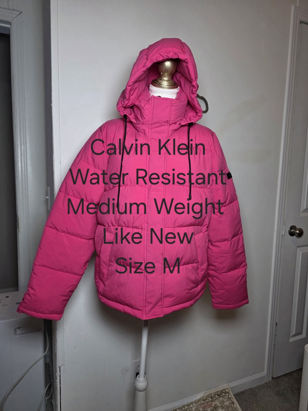 Calvin Klein Water Resistant 5 Pocket Medium Weight Pink Hooded Puffer Coat Sz M